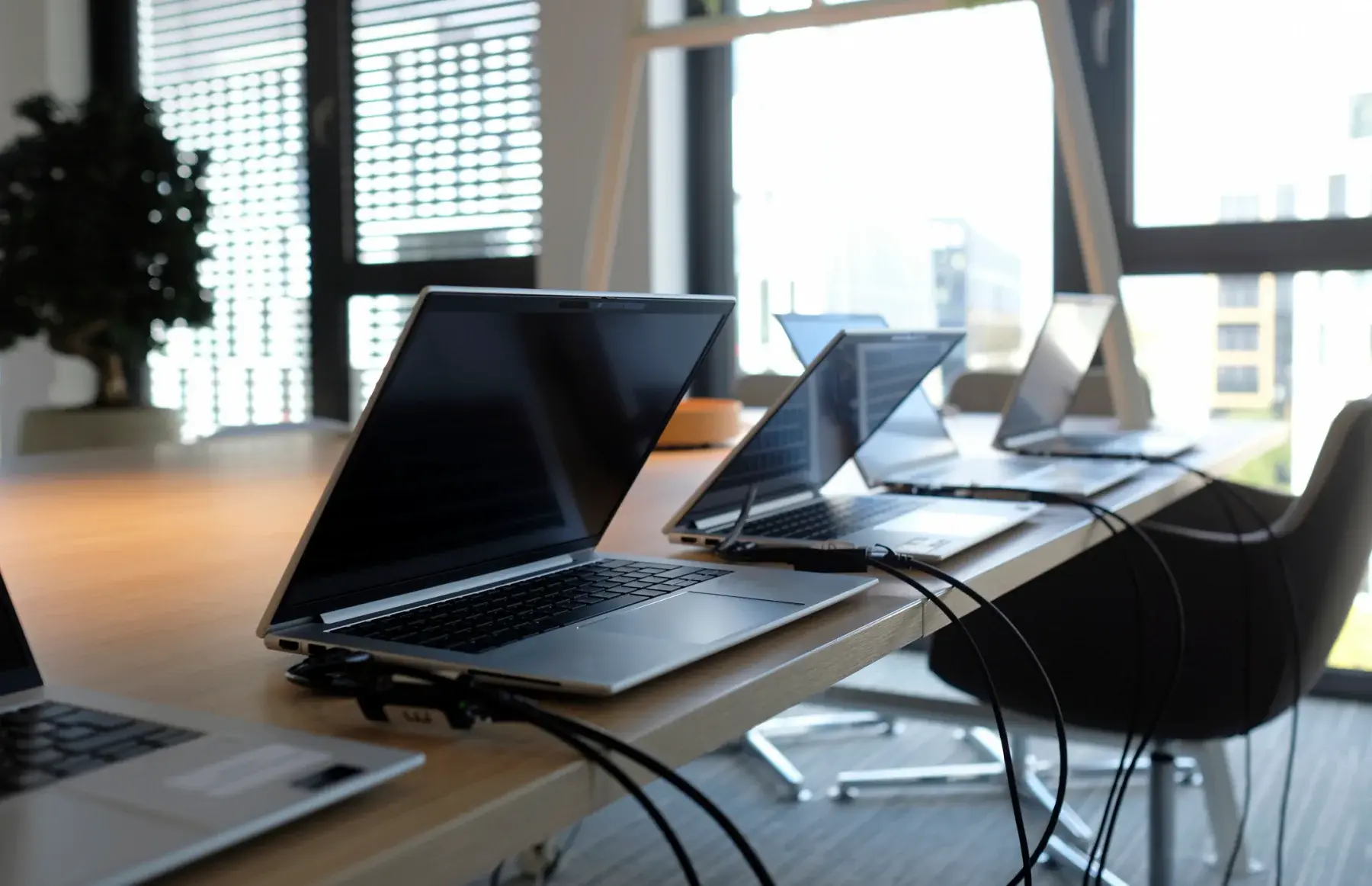 Business laptops set up side by side on a conference table, ready for users